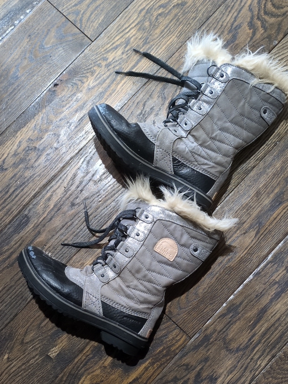 Sorel Gray and Black Fur-Trim Winter Lace-Up Boots